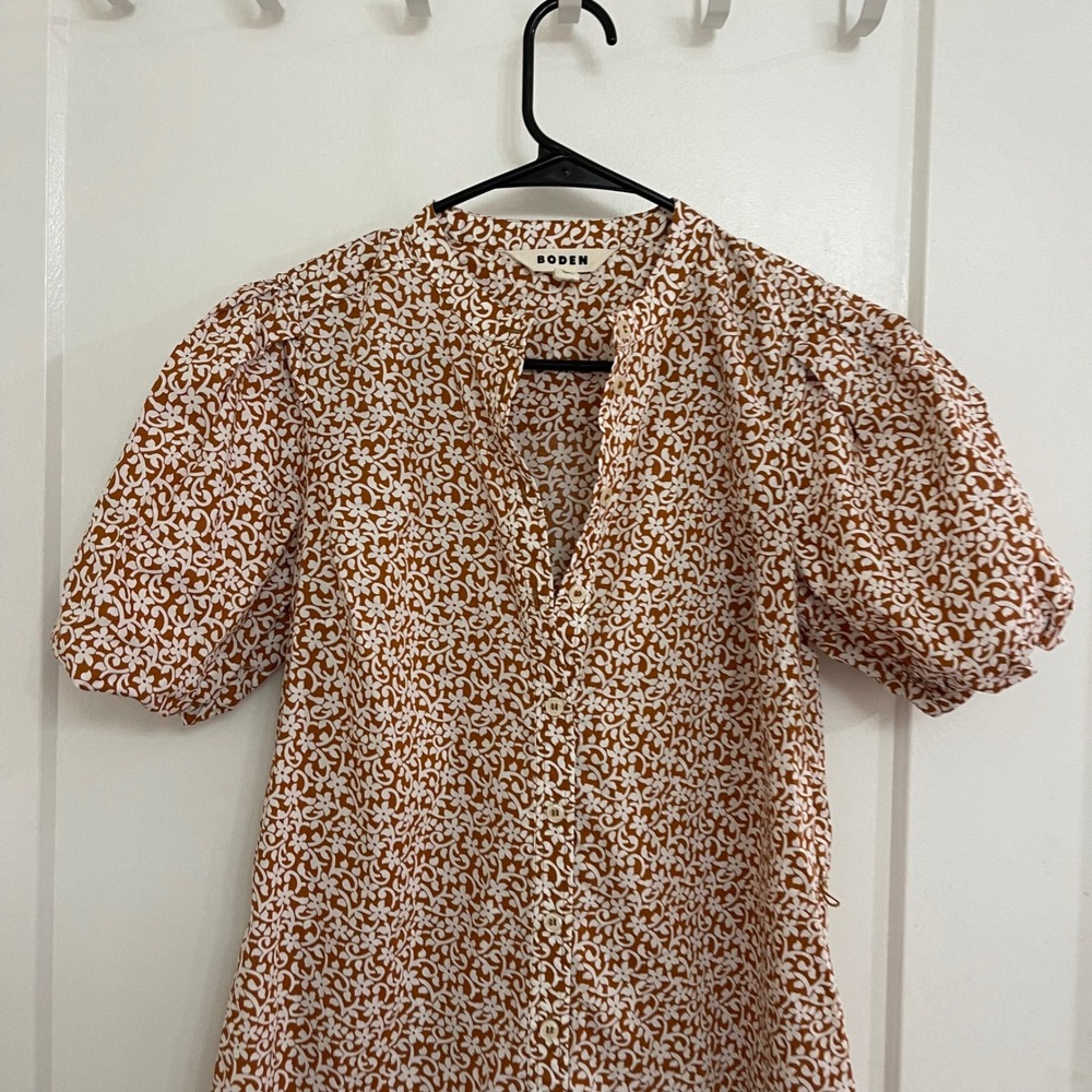 Boden Womens Puff Sleeve Midi Dress Brown Front Button Cottagecore